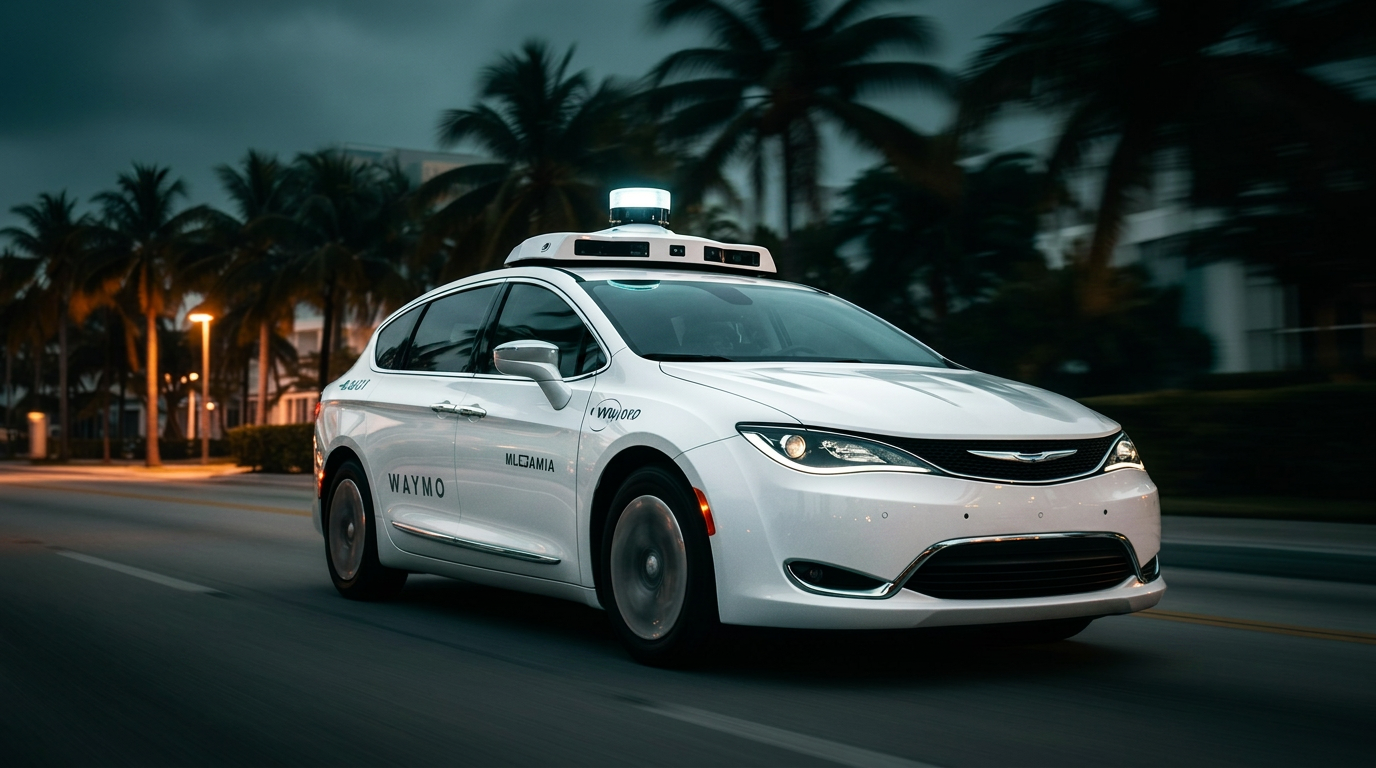Waymo self-driving robotaxi on a Florida street at dusk